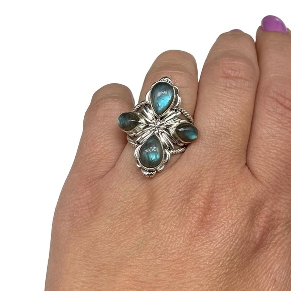 Blue Fire Flash Labradorite Ring Size 7.5 Solid Sterling Silver 925 Statement - Picture 9 of 12